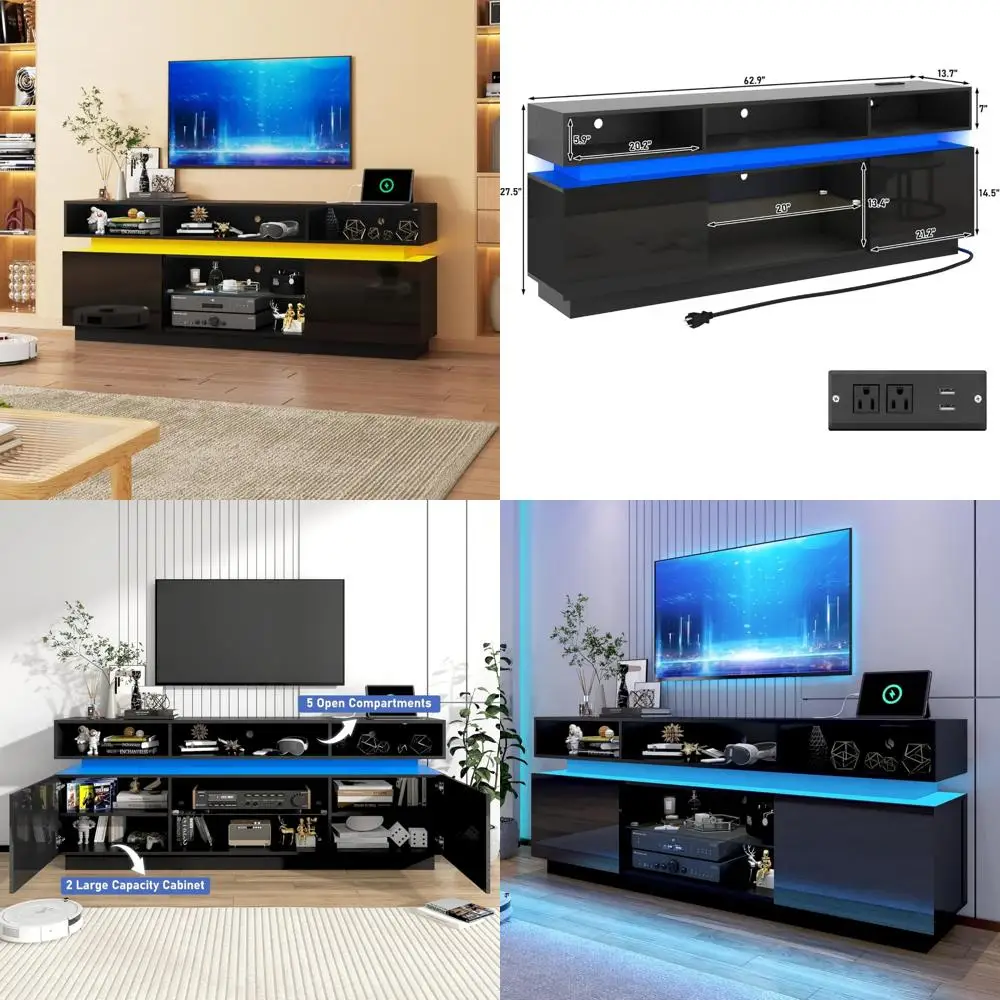 حامل تلفزيون LED حديث طويل القامة لأجهزة التلفاز مقاس 75 بوصة، ومركز ترفيه مع منافذ طاقة، ووحدة تحكم وسائط ألعاب عالية اللمعان