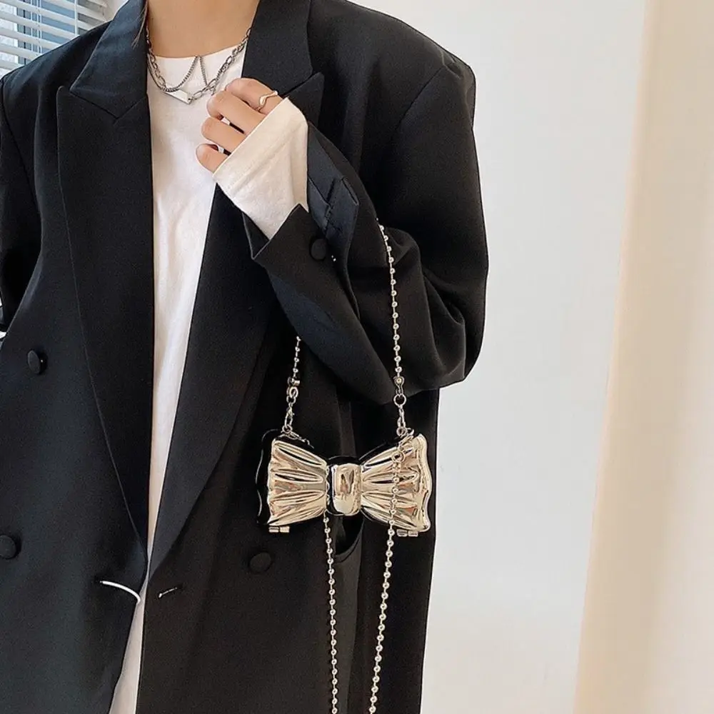 Korean Style Metal Mini Bow Crossbody Bags Irregular Shape Elegant Evening Clutch Bag Luxury Shinny Banquet Chain Bag Party