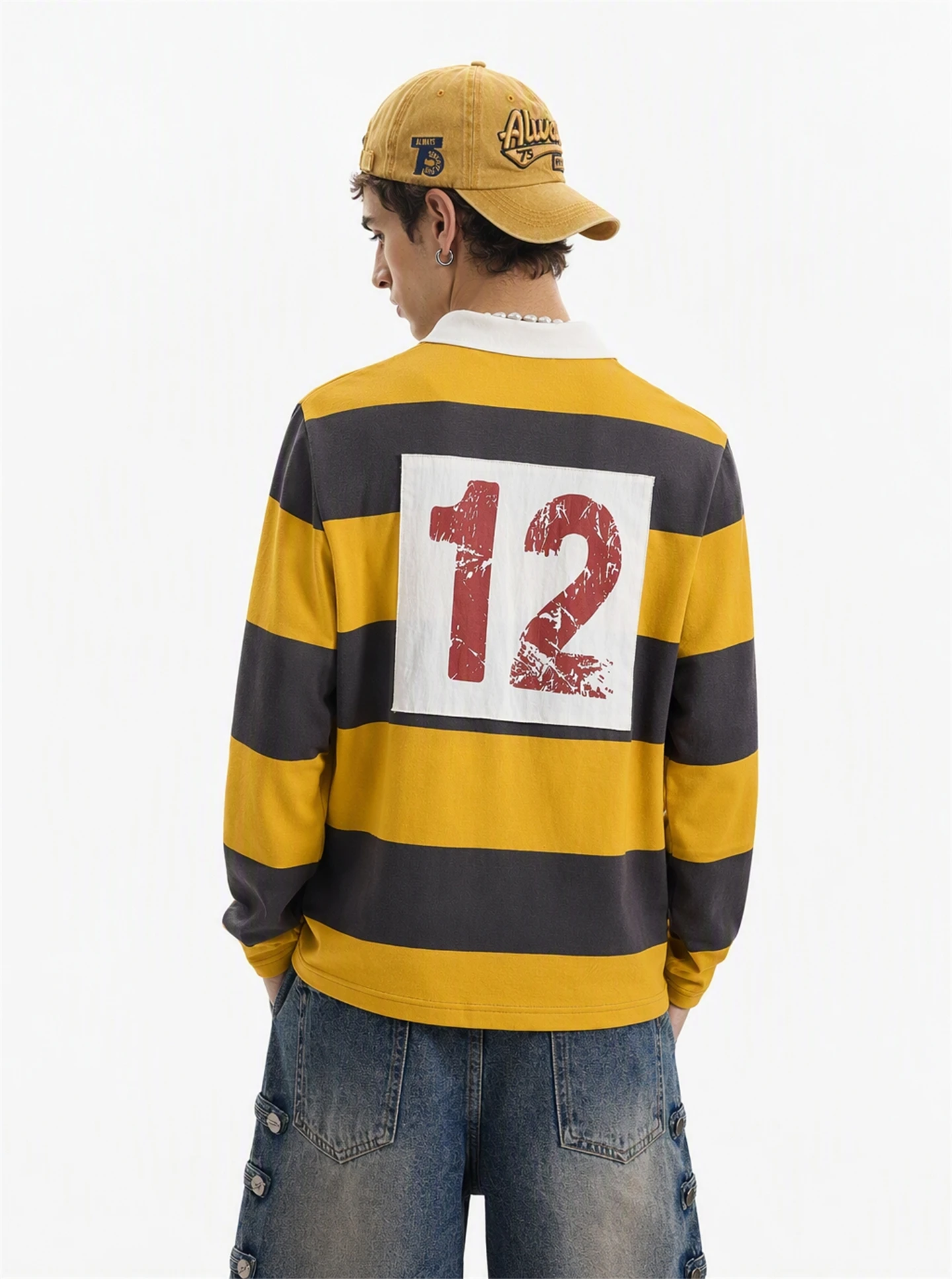 BETEBULE American Retro Letter Print Striped Long Sleeve T-Shirt Men's Loose Cool Style Upper Apparel Autumn New Style