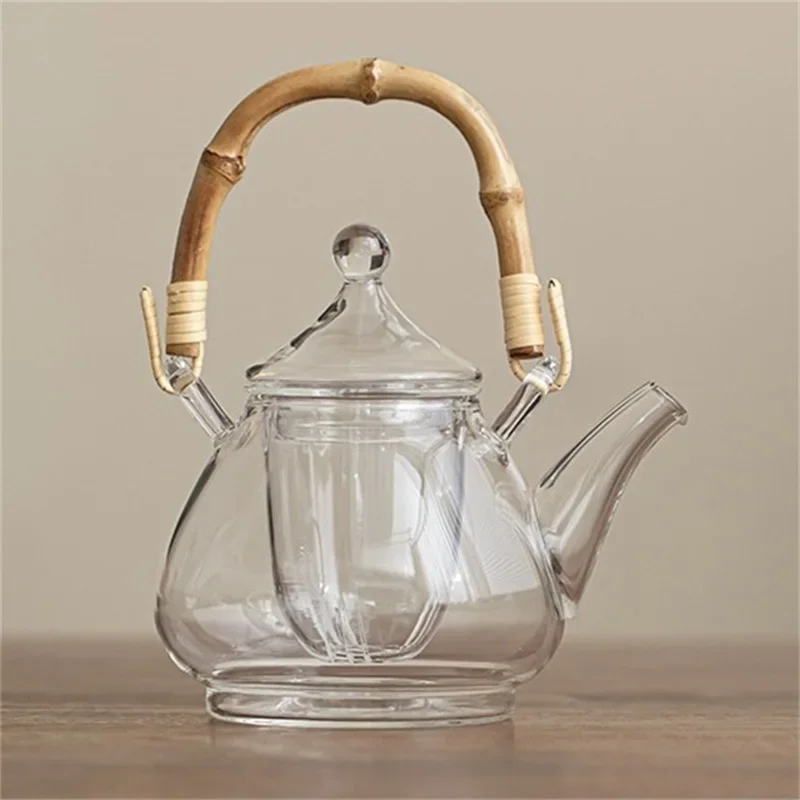  1300ml Hexagon shape Walnut Wood Handle Heat‑Resistant Glass Teapot with Infuser Strainer Dual‑use Steaming‑boiling Tea Kettle