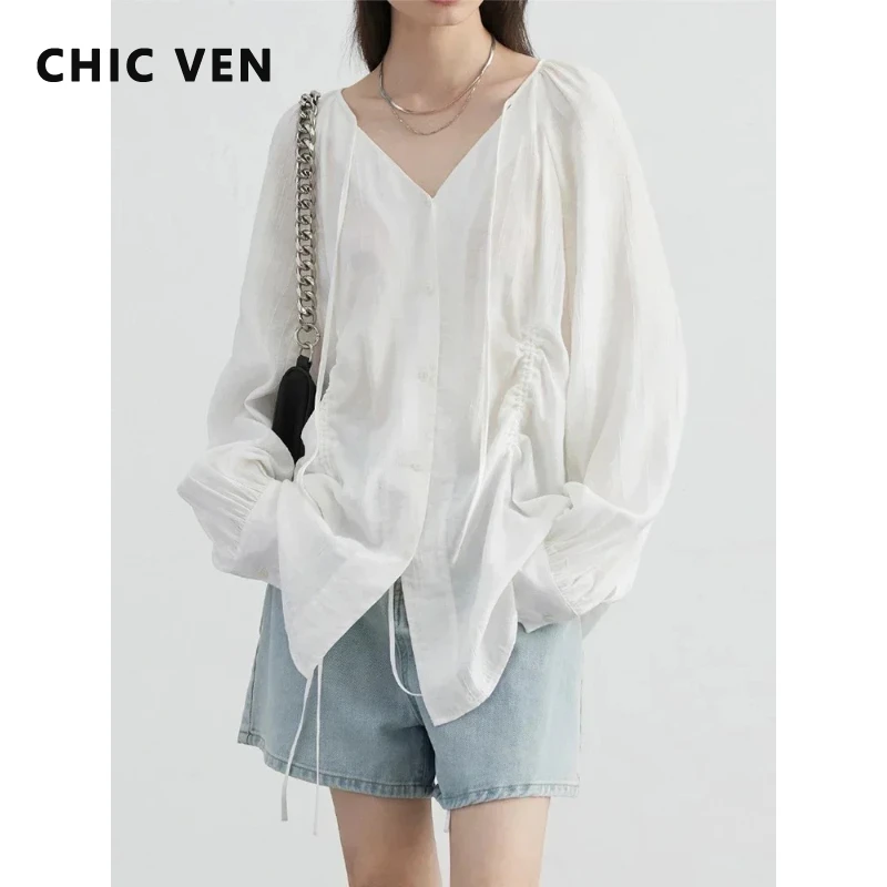 

CHIC VEN Fashion Women Shirt Solid Loose Lace Up V-neck Coat Pleated Long Sleeved Blouses Ladies Design Tops Spring Summer 2026