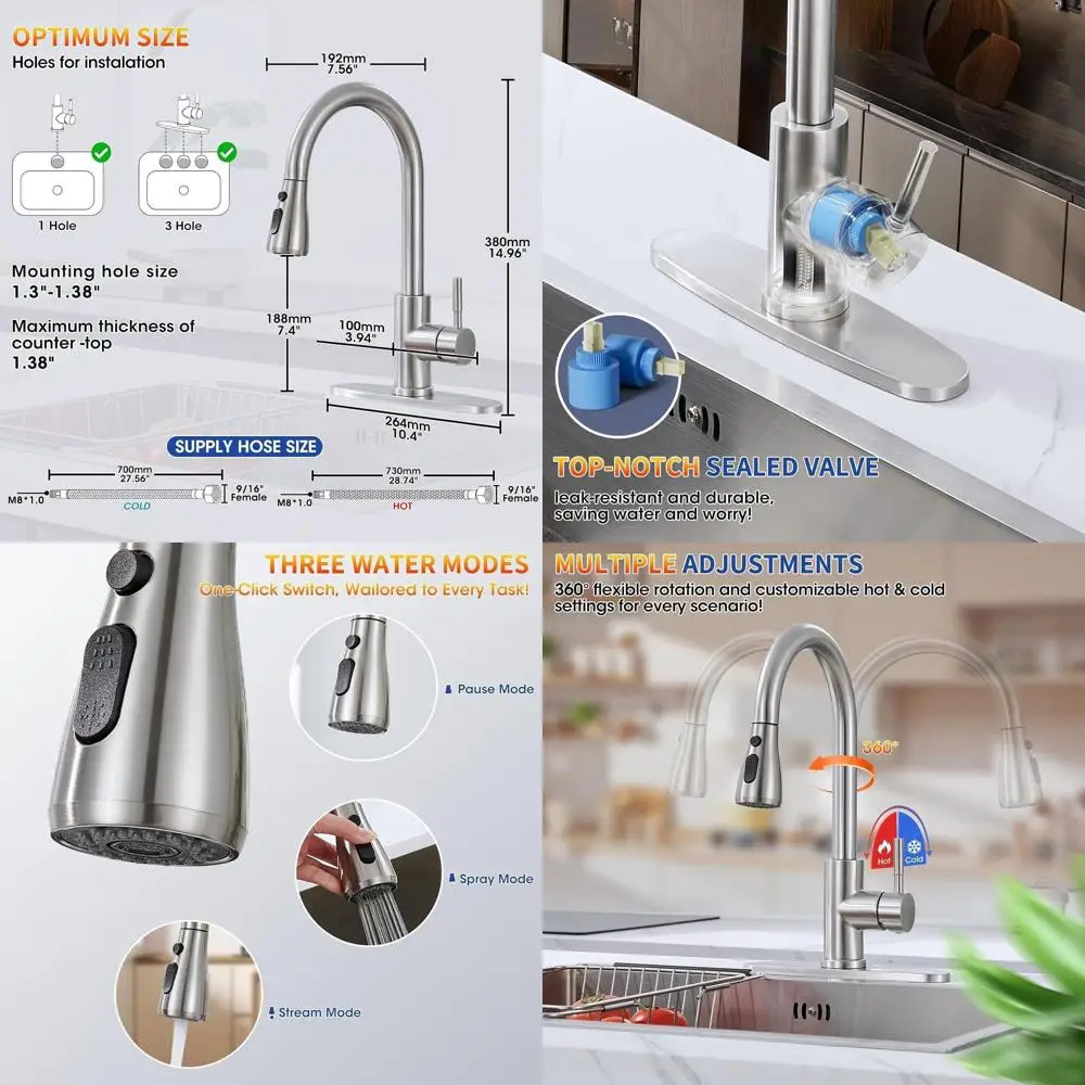 

High Arc Pull-Down Sprayer Faucet, Single Handle Stainless Steel for Kitchen, Brushed Nickel Finish, Suitable for Farmhouse, Cam