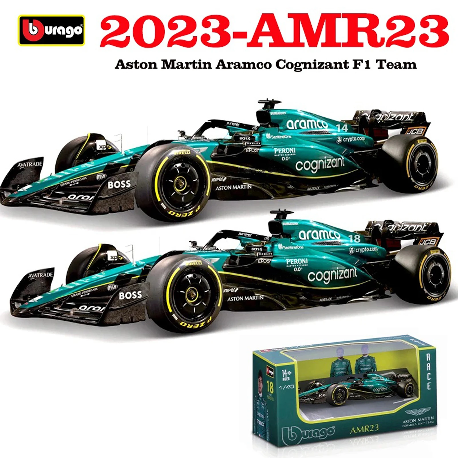 New Product Bburago 1:43 F1 Aston Martin Aramco F1 Team AMR23 2023 #14 Alonso #18 Stroll Alloy Car Die Cast Model Toy Collectibl