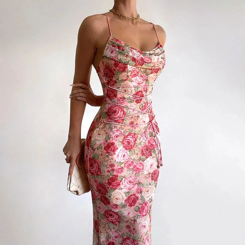 Women Floral Print Spaghetti Strap Maxi Dress Elegant Slim Fit Cowl Neck Waist Tie Backless Long Dress For Summer Party Vacation