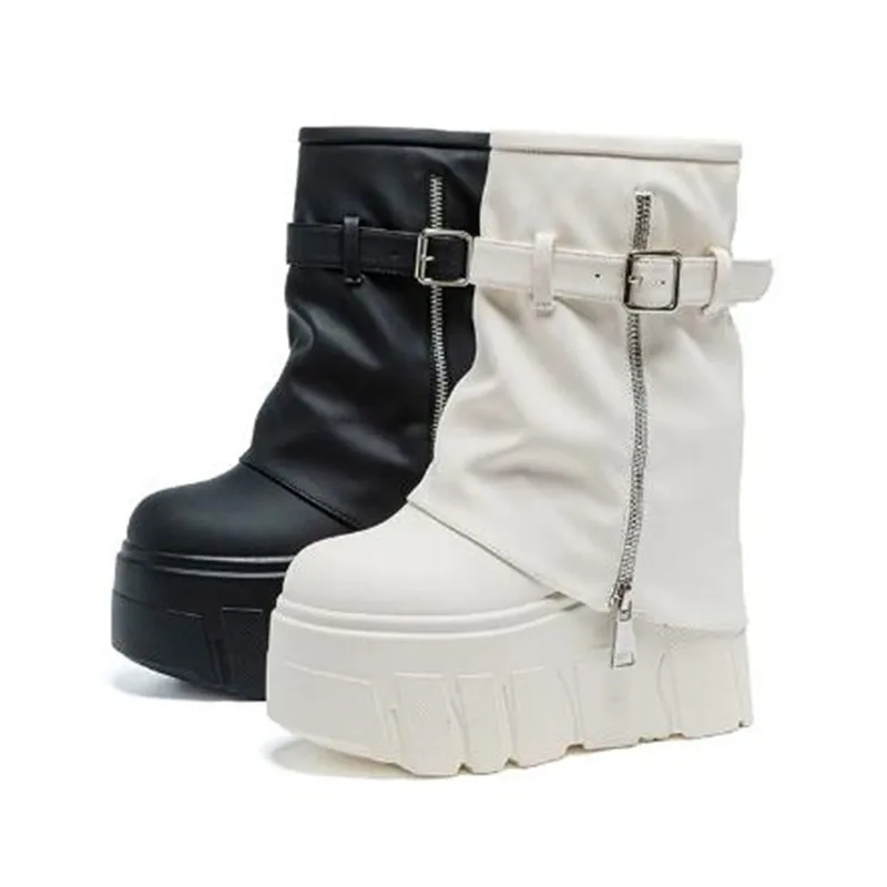 Fashion 14CM Ankle Booties Shoes Natural Genuine Leather Boots 2026 Autumn Winter Women Motorcycle Boots Platform Ladies Botas