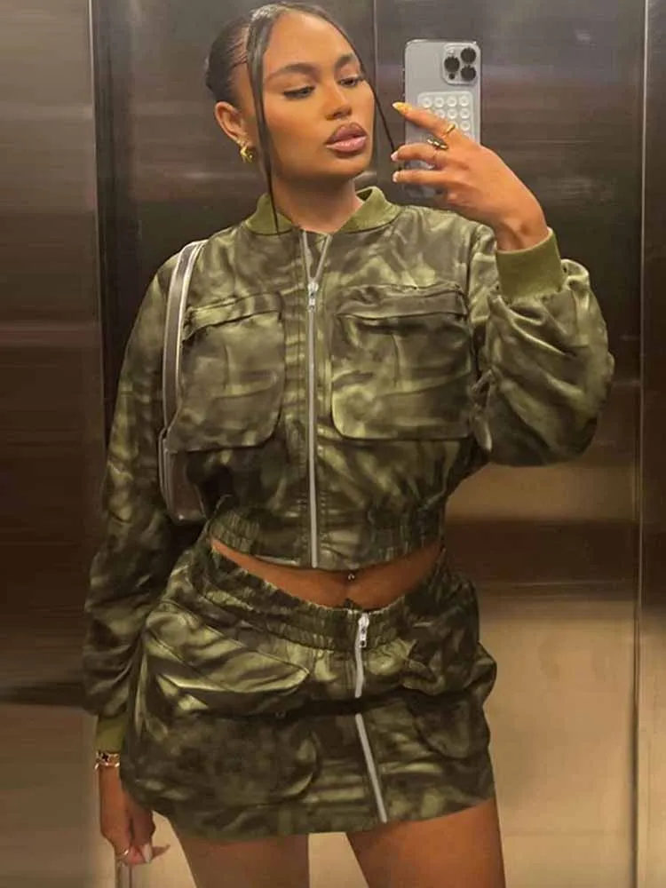 BKQU Camouflage Patchwork 2 Piece Set Women Cargo Large Pocket Zip Crop Jackets And Mini Skirt Suits Punk Hipster Y2K Streetwear