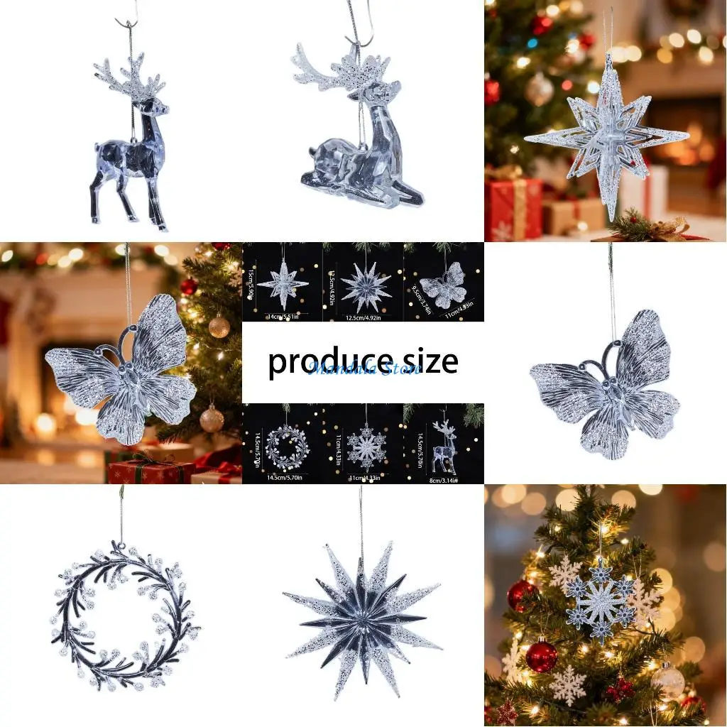 

U2JC Clear Acrylic Deer Butterfly Snowflake Ornament for Christmas Tree Decoration