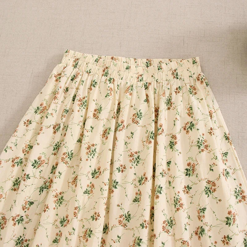 Summer Sweet Mori Girl Vintage Floral Print Embroidered Cotton Skirt Women Elastic Waist Double Layer Casual A-line Skirts