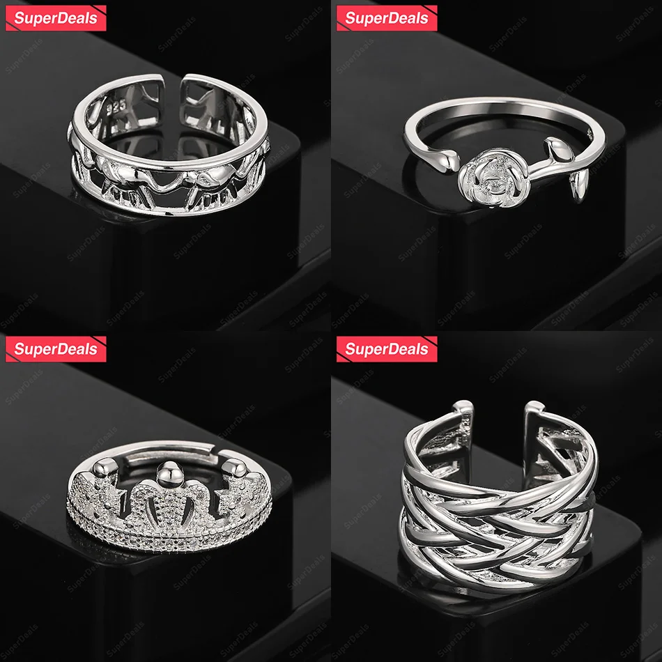 

SuperDeals 925 Sterling Silver Crown Flower Elephant Cross Braided Round Open Ring Women Gift Classic Jewelry Wedding Party