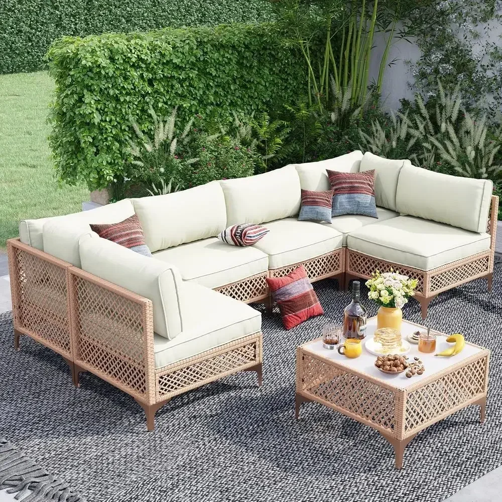 7-Piece Large Patio Sectional Set with Tempered Glass Coffee Table and Waterproof Cushions