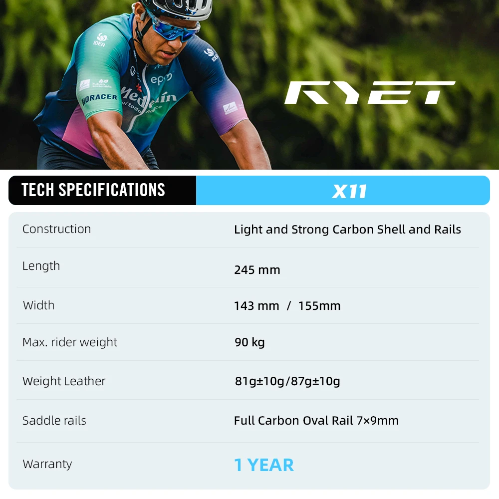 2026 RYET سرج كربون كامل خفيف 81 جرام/87 جرام ، قضيب كربون من الجلد 7 × 9 مللي متر 143/155 مللي متر لدراجة الحصى MTB على الطريق