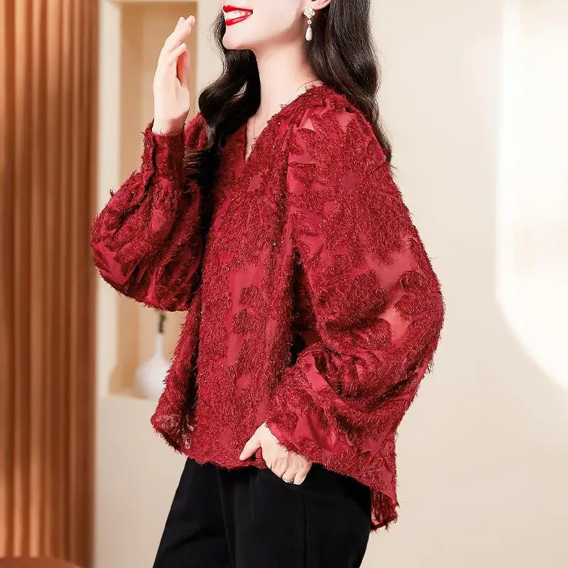 Women Stylish Beaded Elegant Chic Irregular Blouses Office Lady Casual Commute Chiffon Shirts Red V Neck Long Sleeve Loose Tops