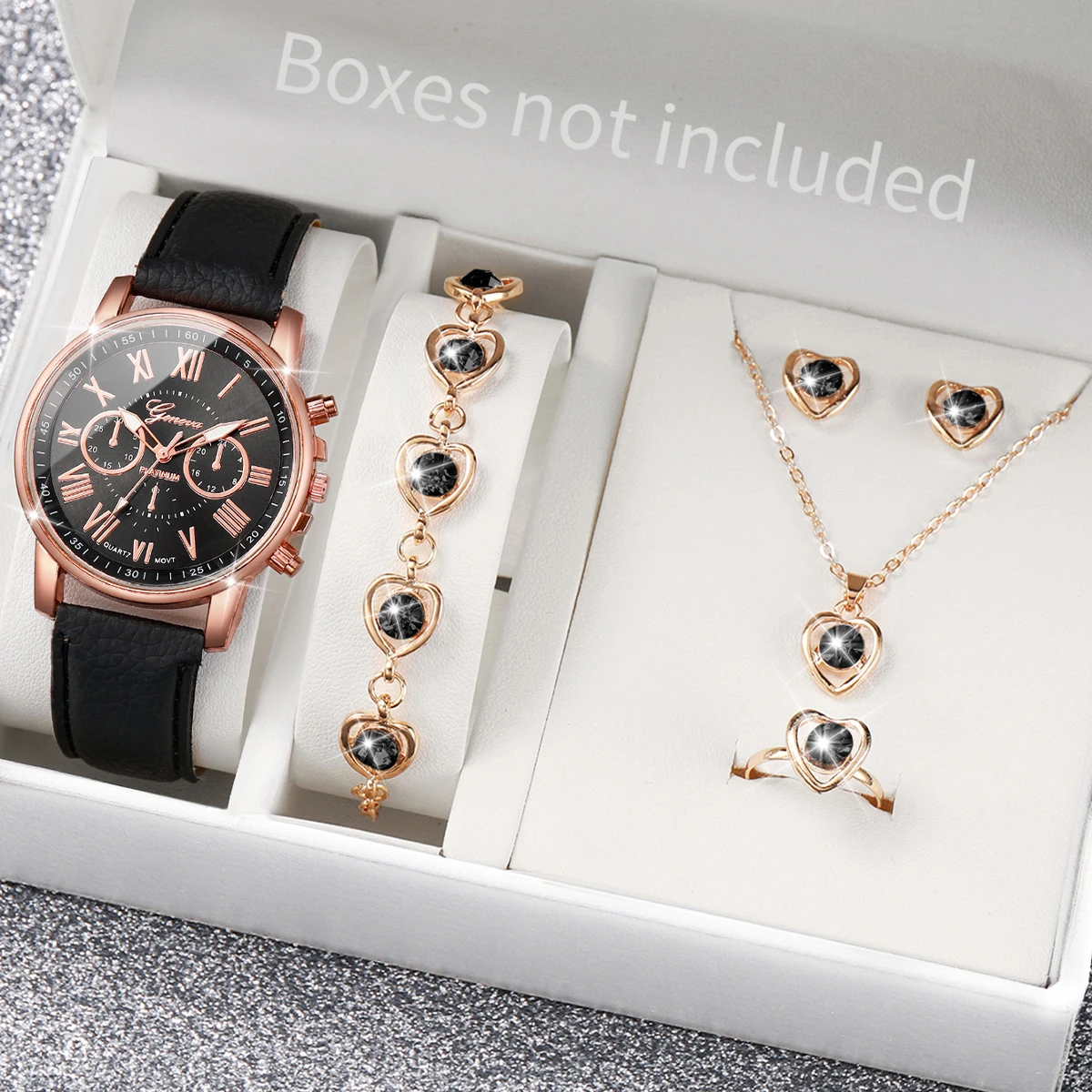 Pink 6PCS/Set Women Watch Roman Numeral Dial Quartz Wristwatch PU Leather Strap Watch Heart Diamond Jewelry Set Gift For Her