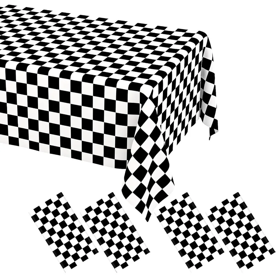 

4 упаковки, черно-белая клетчатая одноразовая скатерть, гоночный автомобиль, тематическая вечеринка, скатерть, черная клетчатая скатерть для гоночного автомобиля