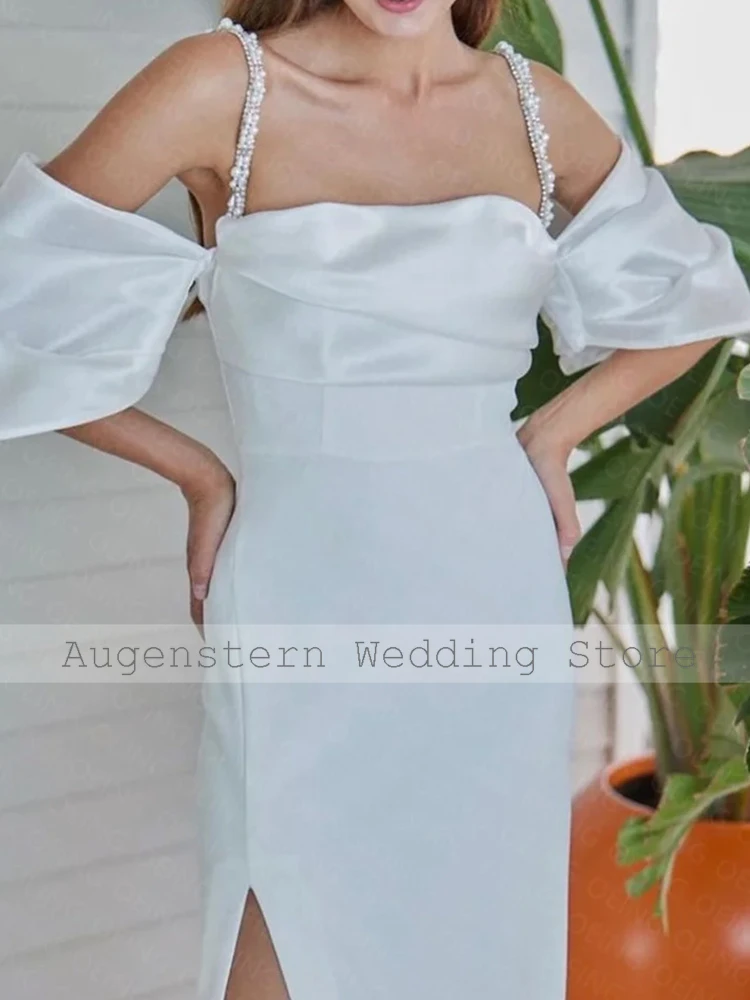 فساتين زفاف كلاسيكية للضيوف جيرسي غمد/عمود فساتين حفلات الزفاف عاجية خارج الكتف لؤلؤ فتحة جانبية فستان الزفاف #2
