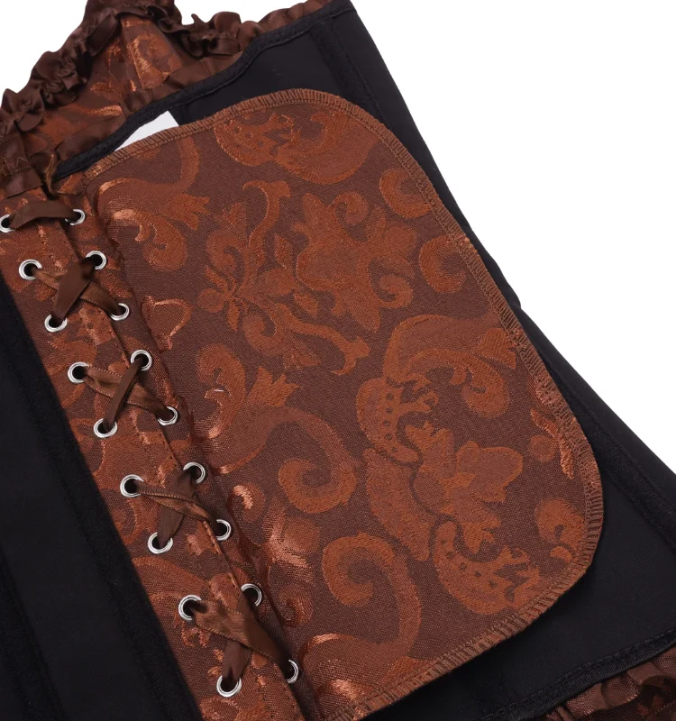 Damen-Overbust-Korsett, Vintage-Jacquard, Rüschen, Schleife vorne, Busk hinten, Schnürung, Taillenformer, Freizeit-, Party- und Alltagskleidung – Detail 7