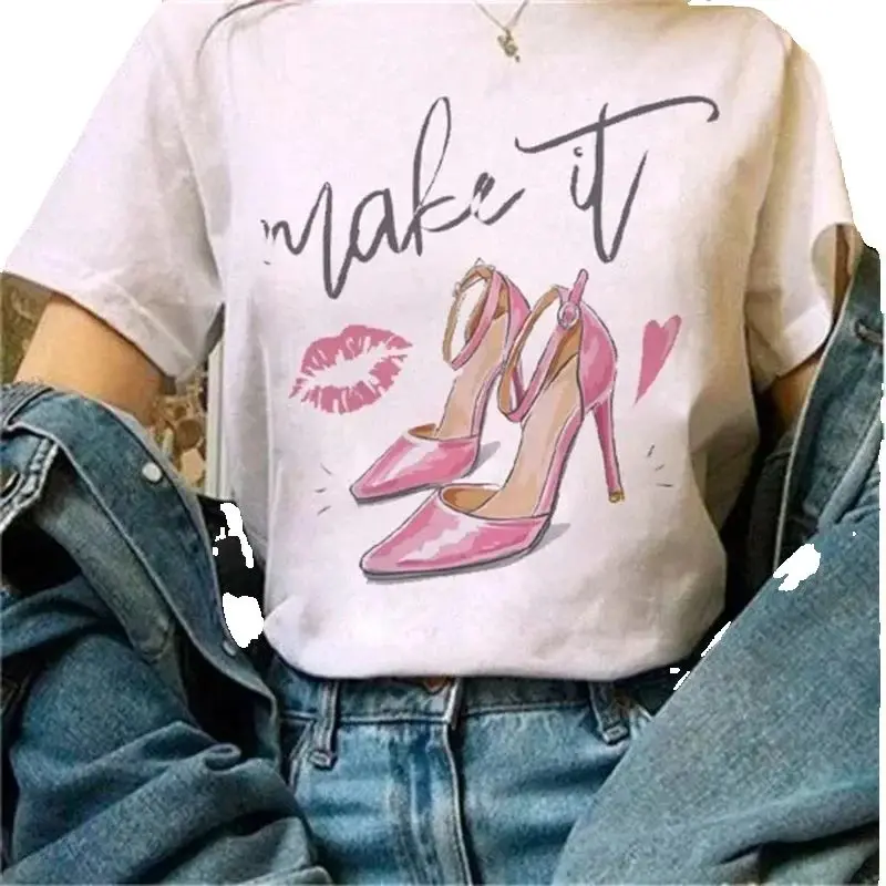 Summer High Heels Letter-printed Round Neck European American Women Short-slee Casual T-shirt Tops polyester fabric