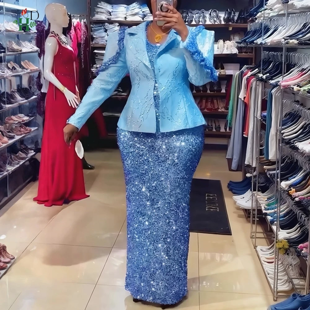 فستان أفريقي جديد للمرأة فستان تركيا سترة بروكيد لامعة مكشكشة الكتف مطرزة فستان ماكسي حفل زفاف أفريقيا الملابس