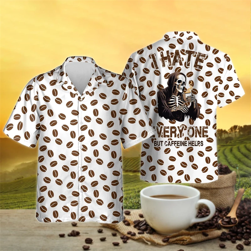 Harajuku Fashion Coffee Graphic Beach Shirt Casual Hawaiian Shirts For Men Clothes Coffee Beans Chicken Skull Short Sleeve Tops