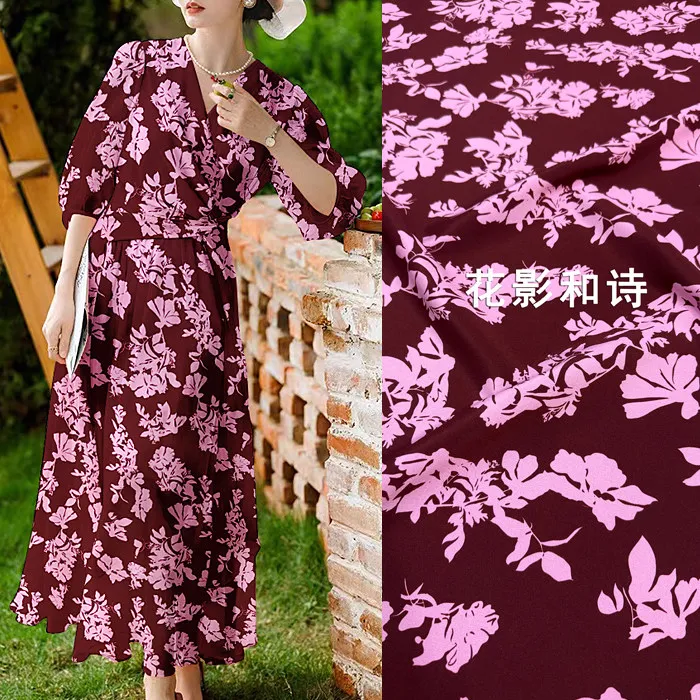 Purple Abstract Floral Silk Stretch Crepe De Chine Fabric Mulberry Silk Material For Dresses 140cm Wide Blouse