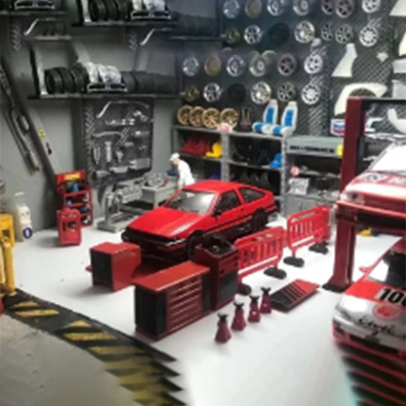 1:64 Garage Szene Reparatur Werkzeug Legierung Teile für Diecast Fahrzeug Spielzeug Metall Auto Modell Sammlung Kran Reifen Reparatur Maschine Fans geschenk