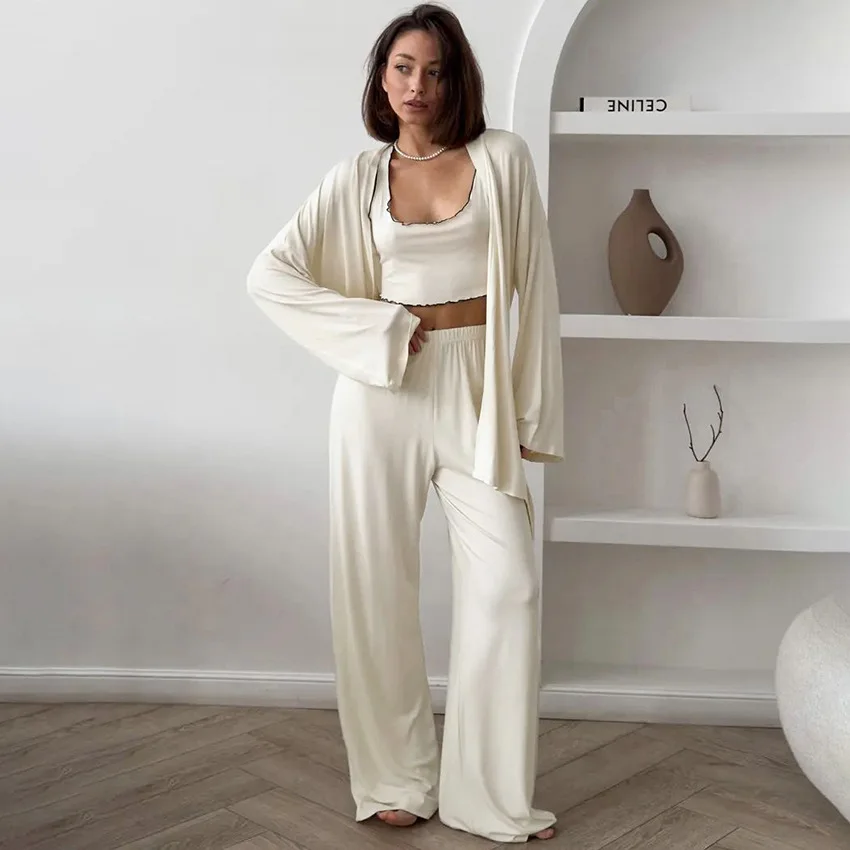 Chic Summer Homewear Sleepwear Knitted Milk Silk Fungus Edge Pajamas Three-piece Soft Skin-friendly Loungewear Women's 2026 Y2K