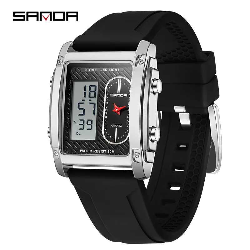 

SANDA 3328 Square Men's Electronic Watch Fashion Cool Analog Digital Dual Display Black Silicone Strap Wristwatch for Male Clock