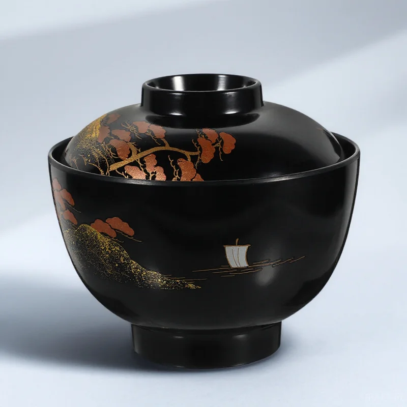 

Traditional Japanese Style Miso Soup Bowl Melamine Rice Bowl with Lid Multi-Function Food Container for Home Restaurant and