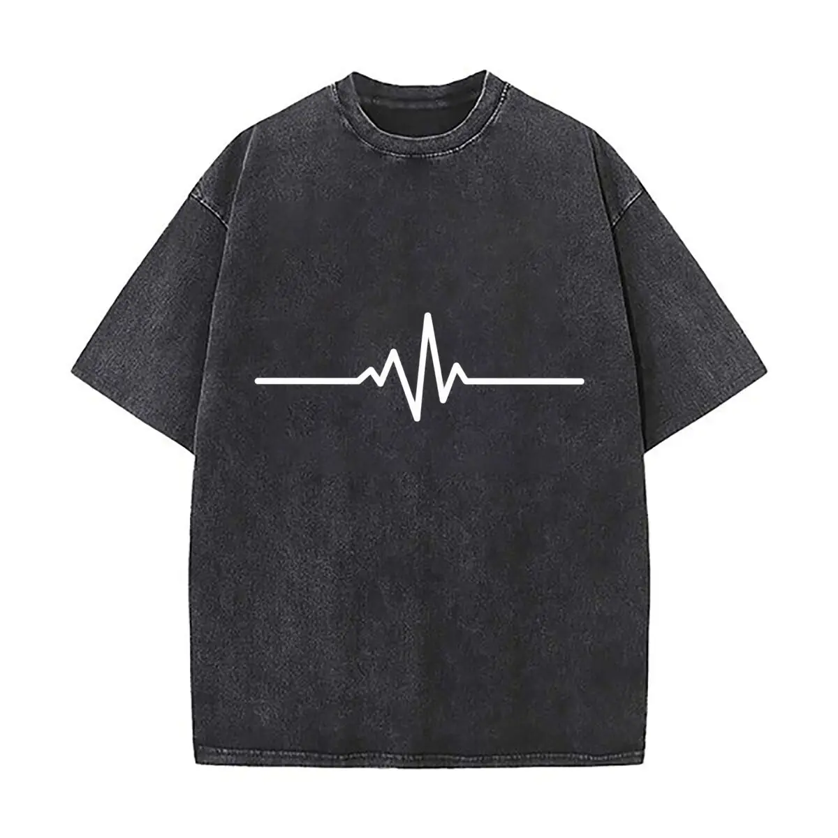 Minimalist Heartbeat Pulse Waveform Line Graphic Washed Short Sleeve Loose Streetwear Tee Hip Hop