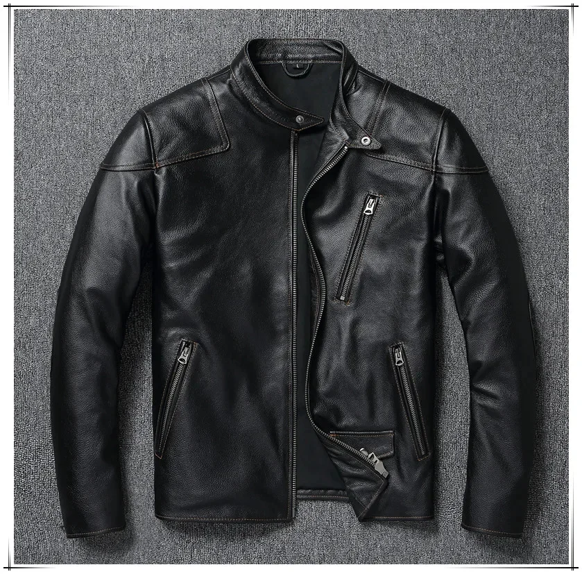 

shipping.Wholesales.Rider YR!Free slim black cowhide jacket.Asian size men cool genuine coat.quality leather cloth
