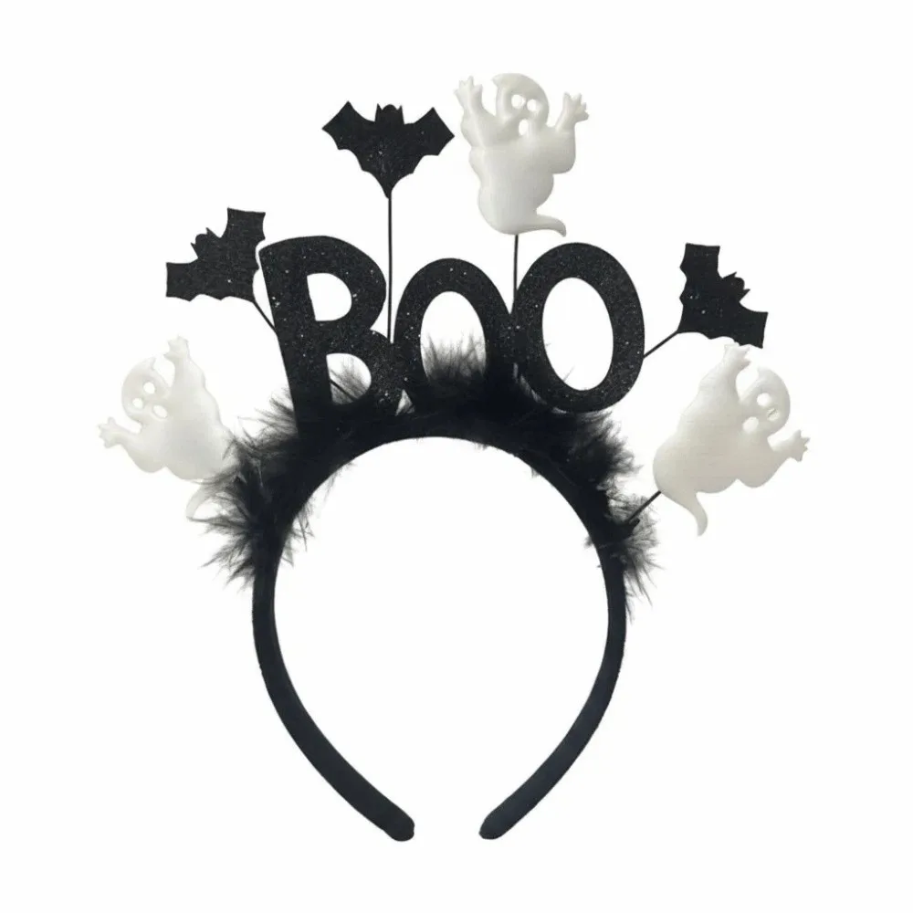 Shiny Glitter Halloween Boo Headband Bat Wings White Ghost Festival Headpiece High Elastic Secure Grip Party Hair Accessories