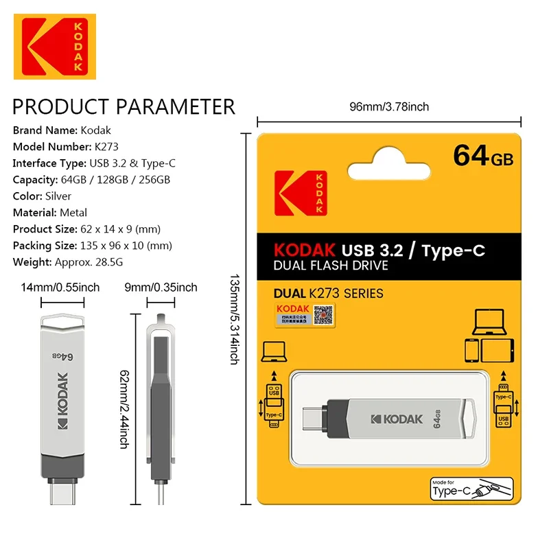 Kodak 2-in-1 OTG USB Flash Drive ประเภท C K273 โลหะ Pendrive พร้อม Lanyard 128GB 64GB 32GB USB3.1for สมาร์ทโฟนแล็ปท็อปคีย์