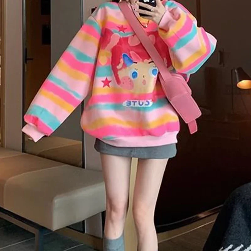 American color striped velvet sweater women's autumn and winter new retro loose round neck hoodless fashion casual Joker top.
