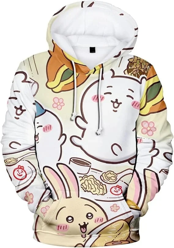 2027 Niedlicher Chiikawa Usagi Hamburger-Print Hoodie Anime Cartoon 3D Pullover Sweatshirt Langarm Freizeit Kapuzenpullover Familien-Set – Detail 7