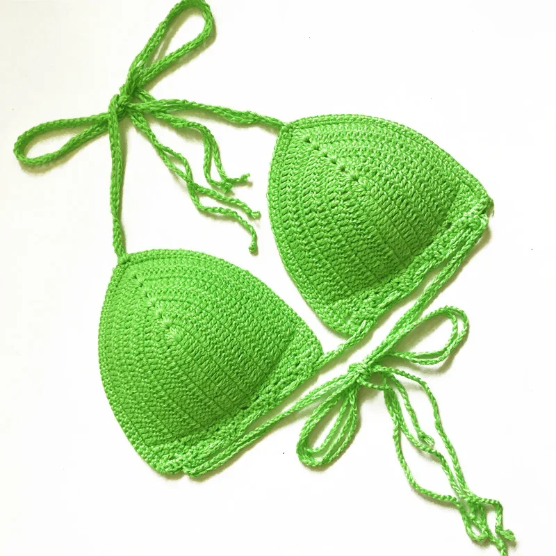 Bikinis rojos de algodón para mujer, conjunto de Bikini Sexy de ganchillo, sujetador acolchado liso verde, traje de baño para tomar el sol, traje de baño triangular con cuello Halter para playa