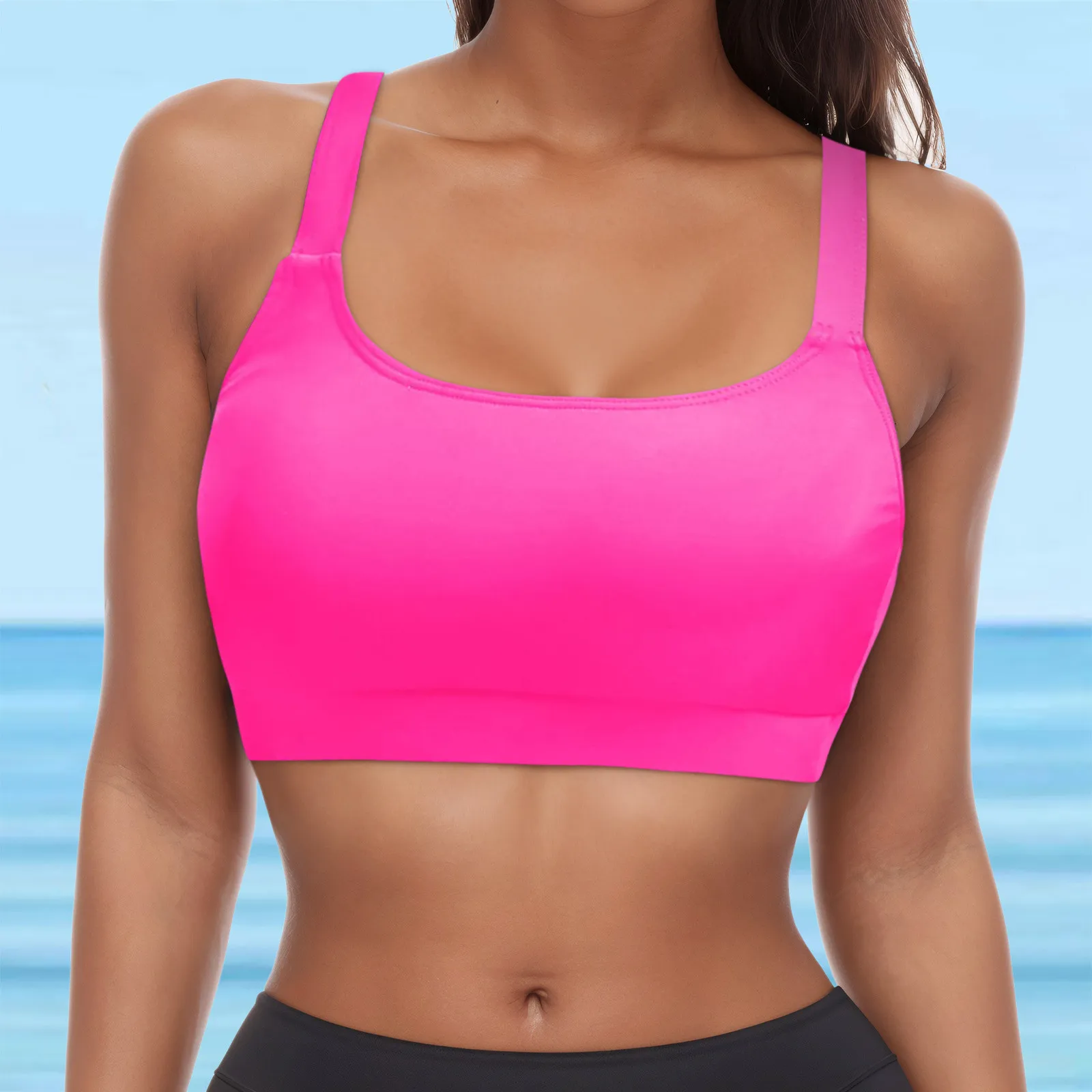 Swimwear Tops Solid Color Seamless Push Up Full Coverage Bikinis Vest Women Summer Beach Sport Crop Top With Removable Chest Pad