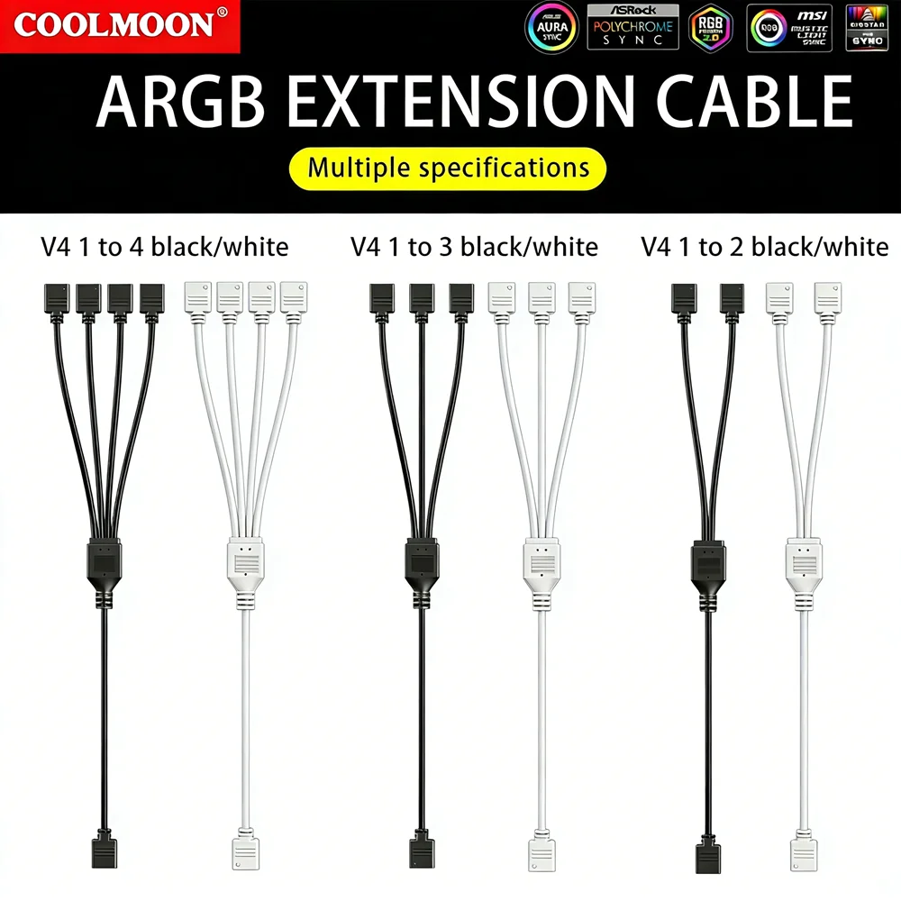 1 To 2/3/4 Motherboard Extension Cable ARGB Chassis Fan Splitter 5V 3PIN Connector 30cm Tensile Resistant for Computer Chassis