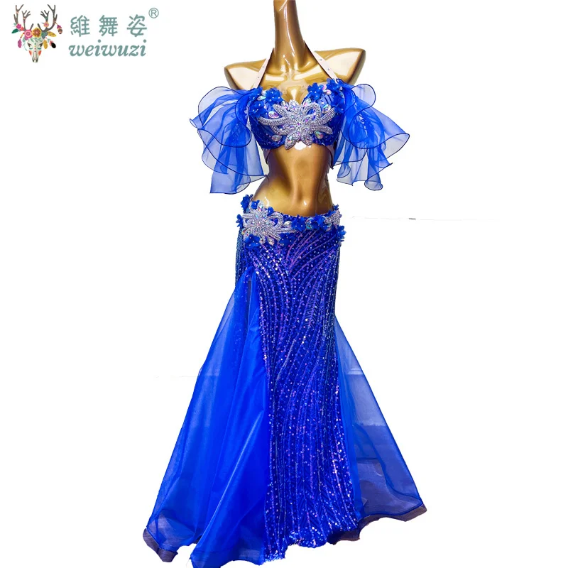 الرقص الشرقي المنافسة زي مشرق الماس الصدرية + حجر الراين سبليت تنورة طويلة 2 قطعة أزياء مسرحية الرقص الشرقي النساء #5