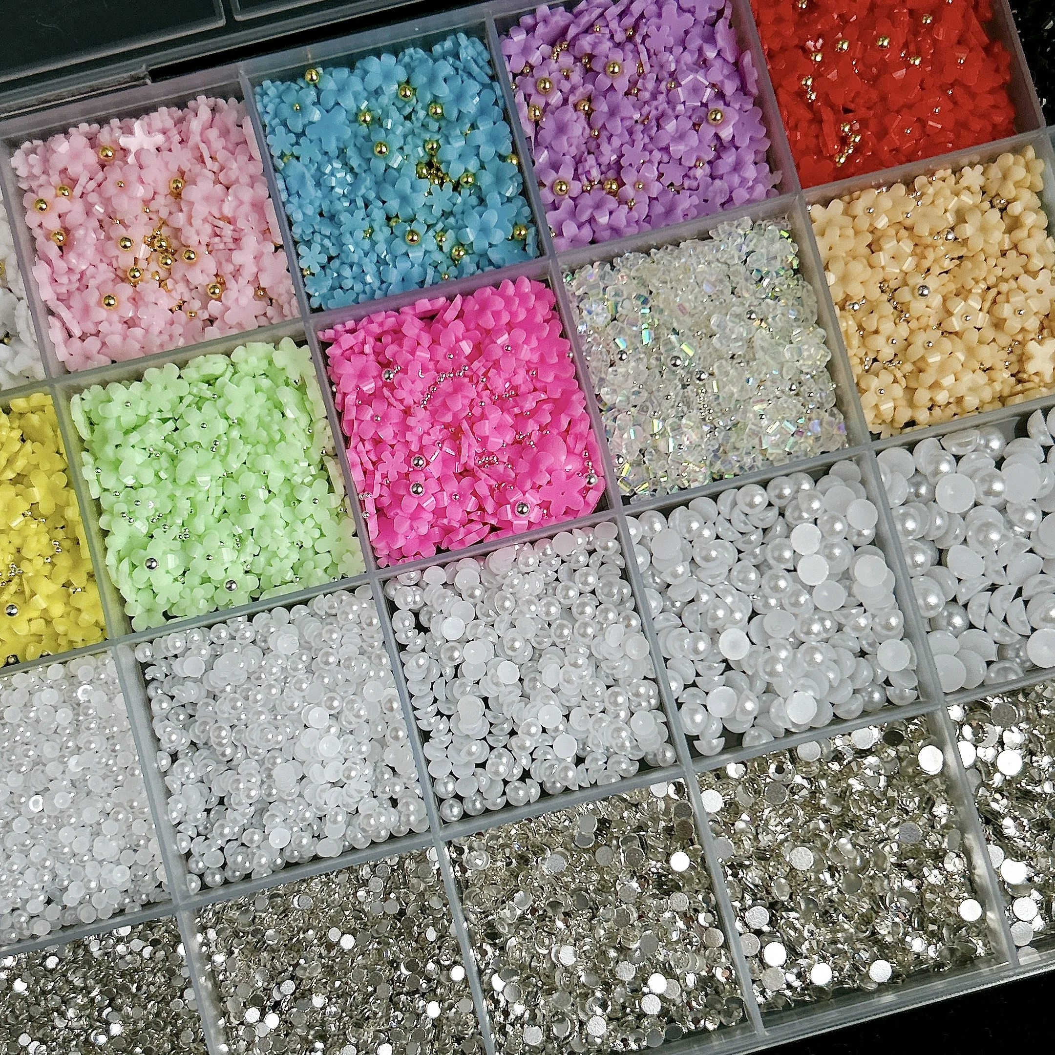 1Box Mini Colorful Petal Simulated Half Round Pearl Resin Nail Charms Cute Five-Petal Flower Steel Bead Nails Art Decoration DIY