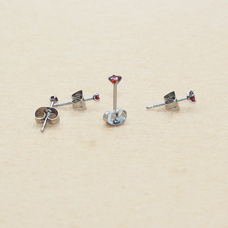 

Daily Luxury Earrings 0.8mm Thin Post Push Backs Seamless 2mm CZ Studs in Pomegranate Red Minimalist Jewelry for Sensitive Ears