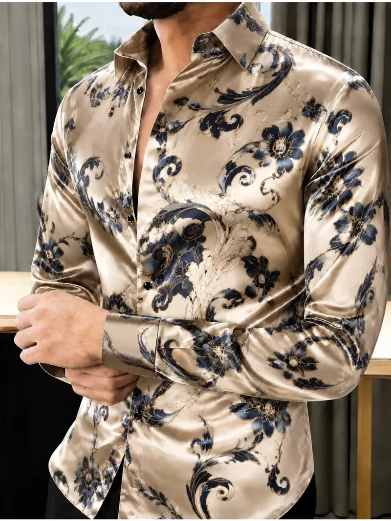 New black retro coffee floral vine print shirt with elegant and luxurious men's slim fit long sleeved shirt