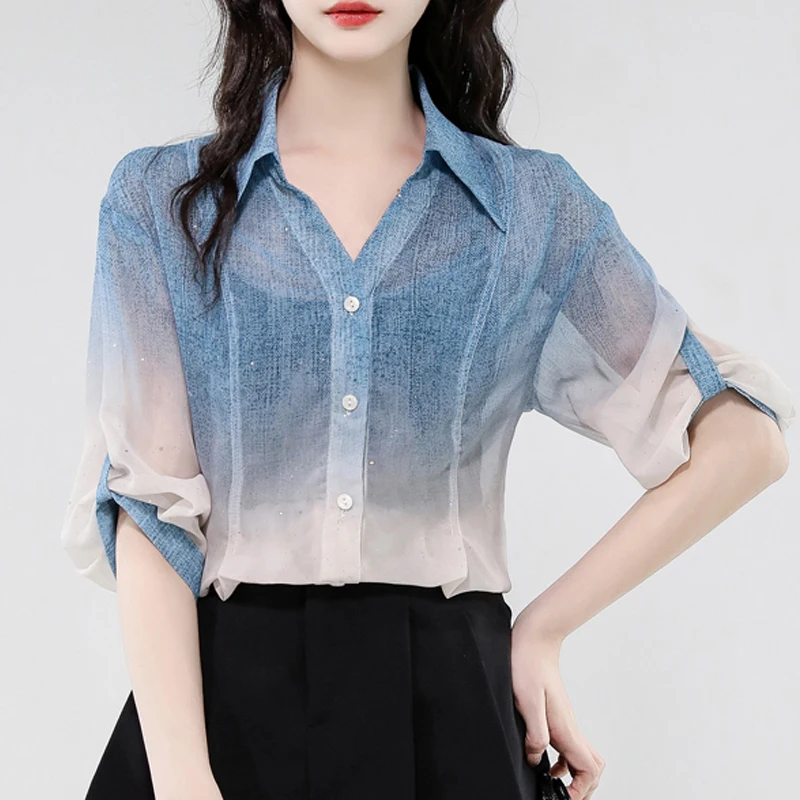 

Fashion Gradient Color Chiffon Shirt Women Summer Casual Short Sleeve Lapel Shirts Woman Korean Streetwear Blouse