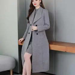 British Style Women Woolen Coat Elagant Suit Collar Double Breasted Waist Tight Long Woolen Cardigan Mid-Calf Length Cardigan