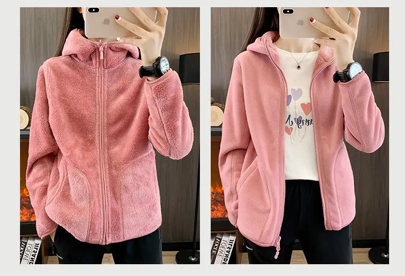 Zip-up Hooded Double-sided Wear Flannel Sweatshirt Women Thick Slim Fleece-lined Jacket Outdoor Sports Y2k Autumn Winter Coat