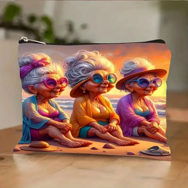 New Fun Elderly Woman Pattern Printed Canvas Makeup Bag Student Pencil Case Portable Toiletry Bag Toilet Bags Canvas Bags