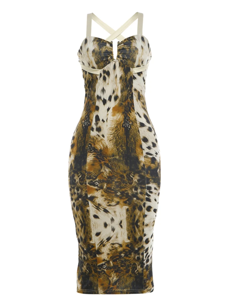 Weird Puss Leopardenmuster Sling-Kleid für Damen, tief ausgeschnittenes, rückenfreies, ärmelloses, hoch tailliertes, figurbetontes Kleid mit Pfirsichhüft-Design im Street-Wild-Stil – Detail 2