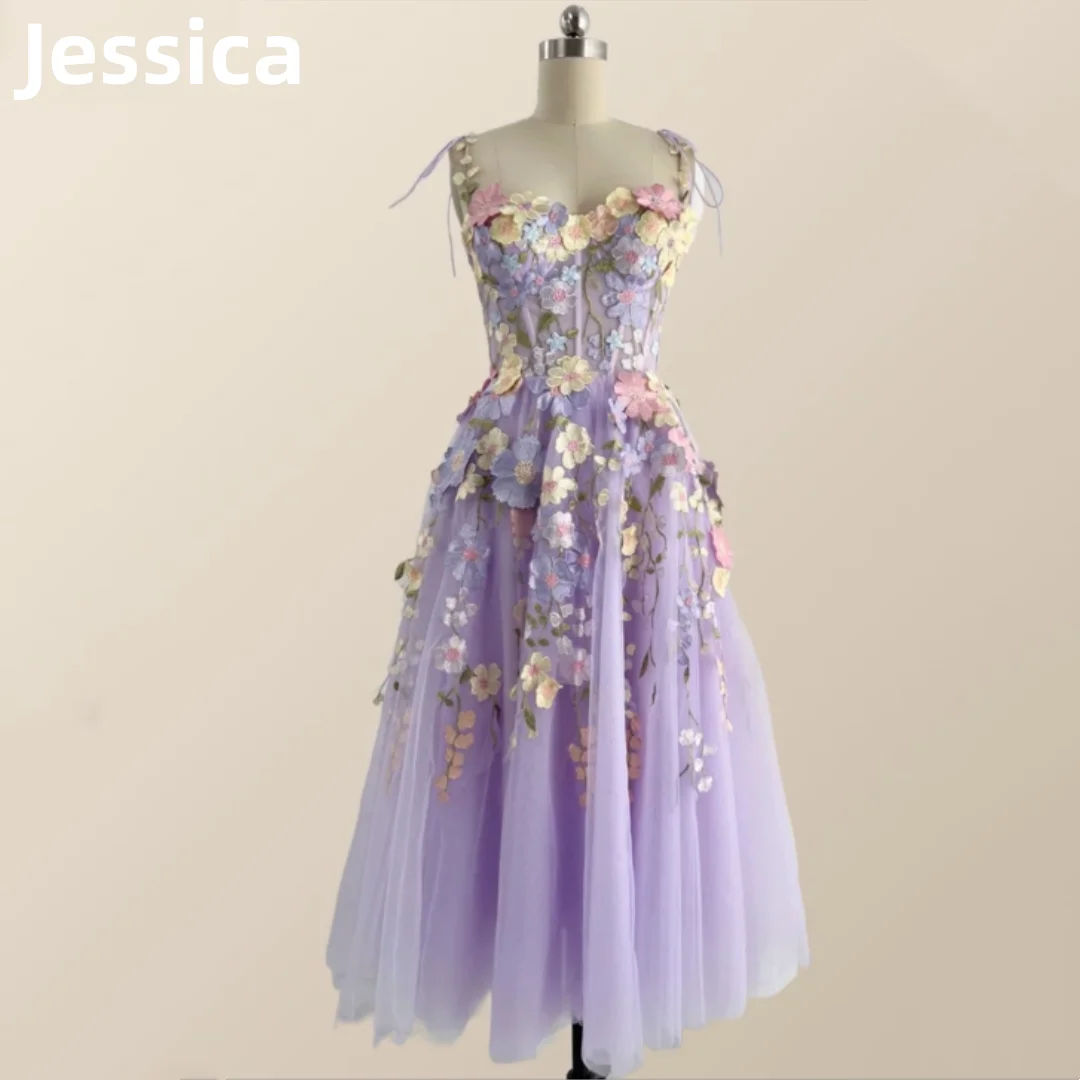 Jay-lace vestido de noite com flores lavanda, vestido de baile com 3 apliques, para casamento