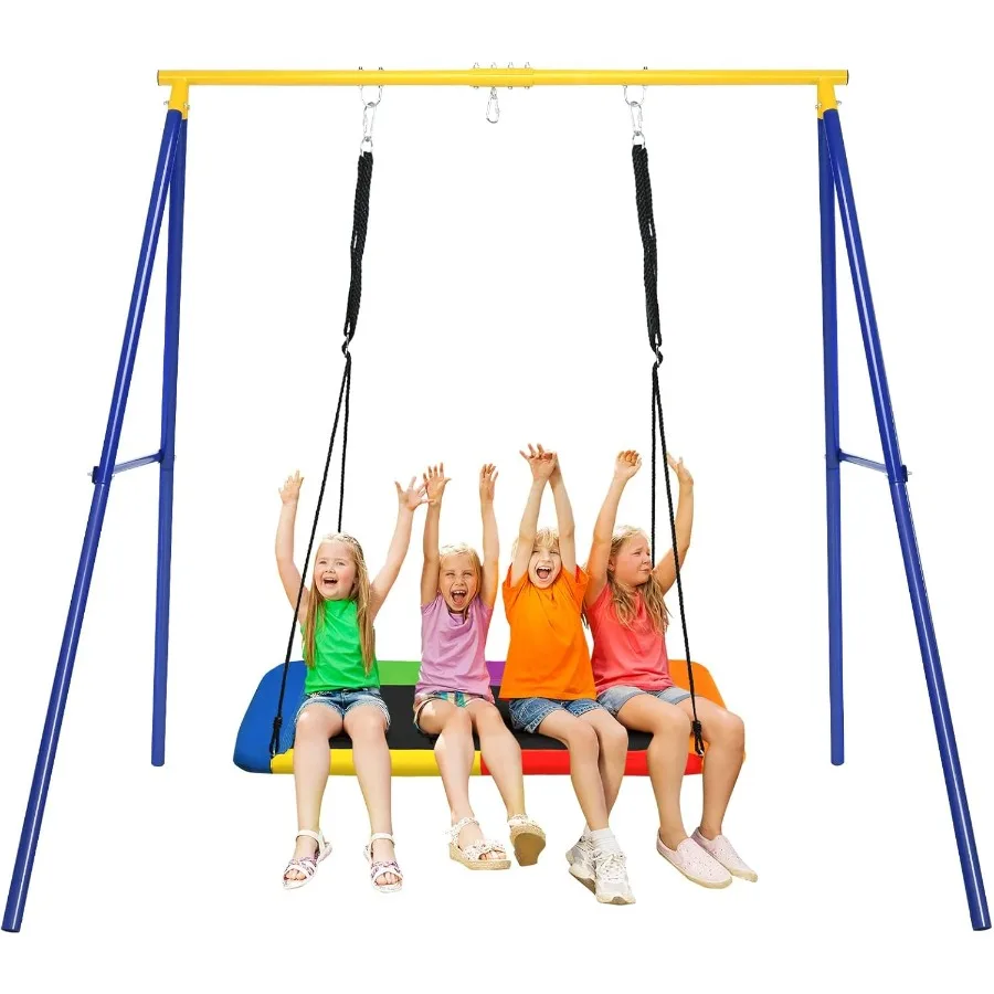 

550lbs Swing Set Outdoor Playground Set with 70 Heavy Duty Metal A-Frame Stand Ground Stakes Adjustable Ropes and Platform Swin