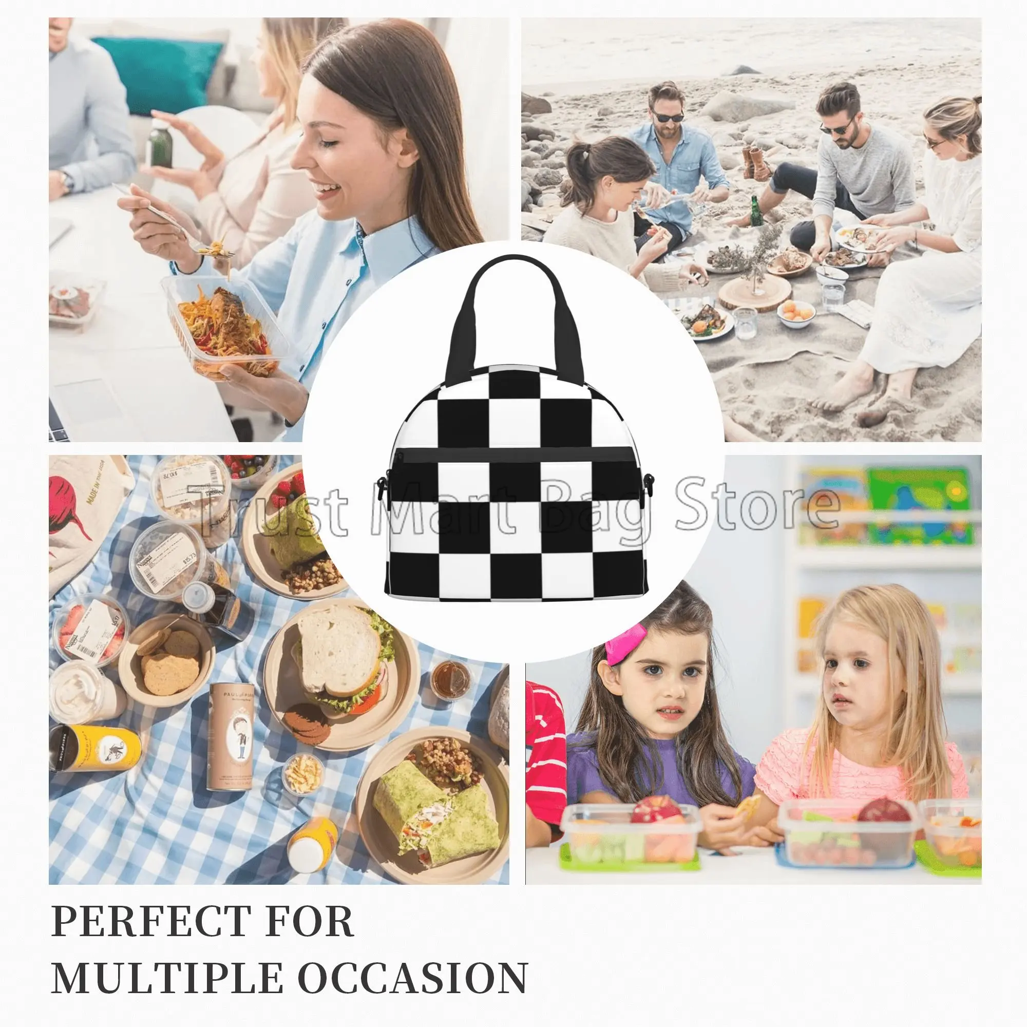 Black White Checkered Print Lunch Bag Checkerboard Reusable Insulated Tote Bag Lunch Container with Adjustable Shoulder Strap