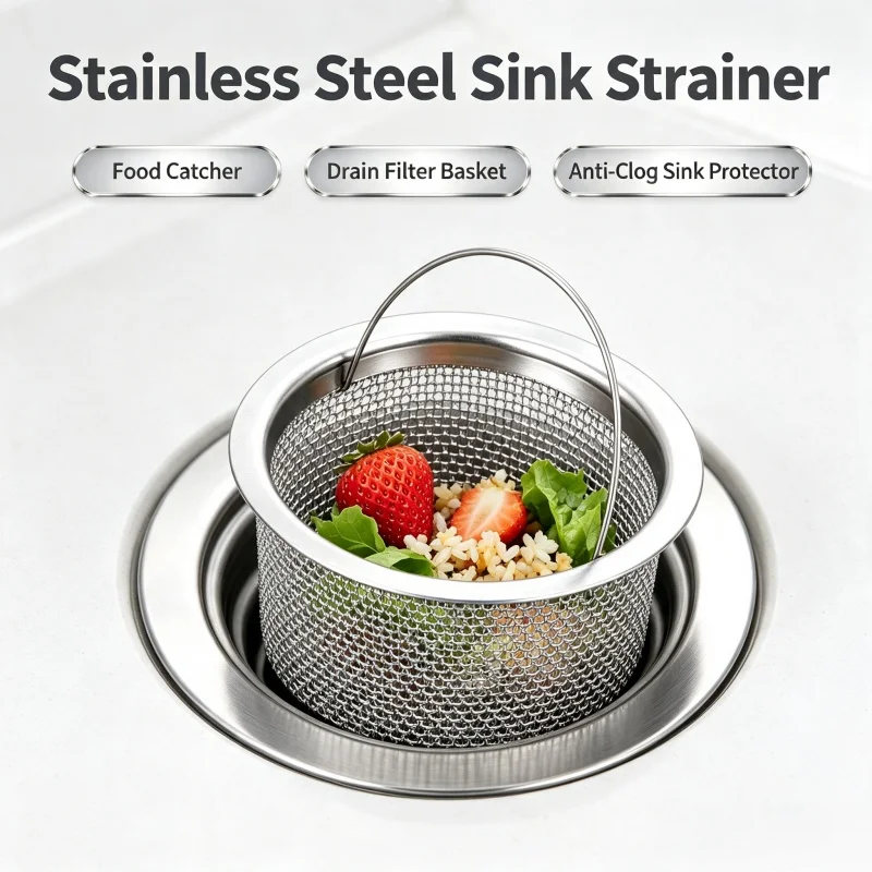 Stainless Steel Kitchen Sink Strainer with Handle Food Residue Catcher Drain Filter Basket Sink Drain Protector Kitchen Gadget